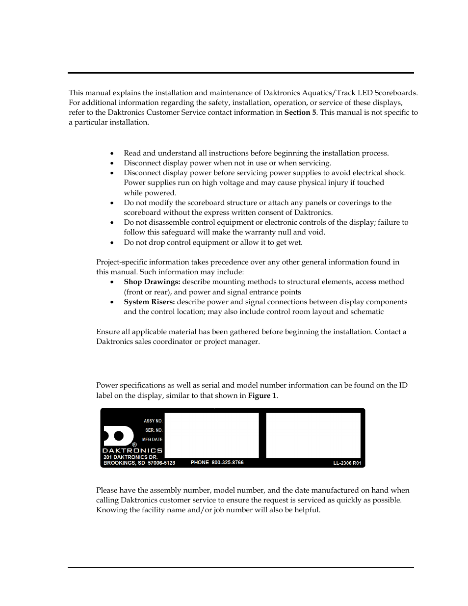 Section 1: introduction, 1 specifications label, Section 1 | Introduction, Specifications label | Daktronics SW-2101 Aquatics/Track LED Scoreboard User Manual | Page 7 / 84