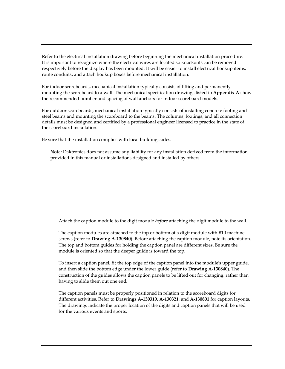 Section 2: mechanical installation, 1 installing caption modules, Section 2 | Mechanical installation, Installing caption modules | Daktronics SW-2101 Aquatics/Track LED Scoreboard User Manual | Page 9 / 84