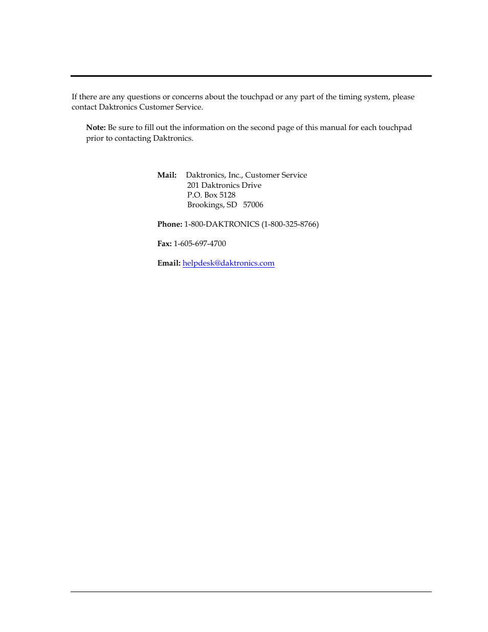 Section 5: contact information, Section 5, Contact information | Daktronics T-7060 Touchpad User Manual | Page 25 / 29