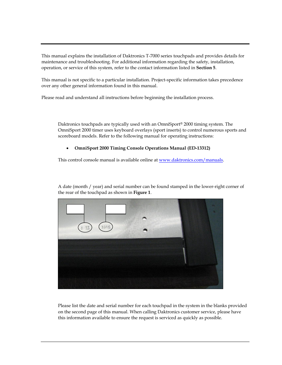 Section 1: introduction, 1 controllers, 2 touchpad identification | Section 1, Introduction, Controllers, Touchpad identification | Daktronics T-7060 Touchpad User Manual | Page 7 / 29