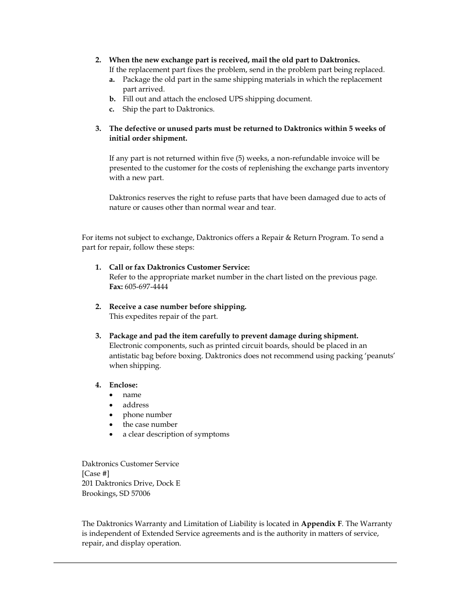 Repair & return program, Shipping address, Daktronics warranty and limitation of liability | Daktronics BB-2101 Tuff Sport Basketball LED Scoreboard User Manual | Page 36 / 184