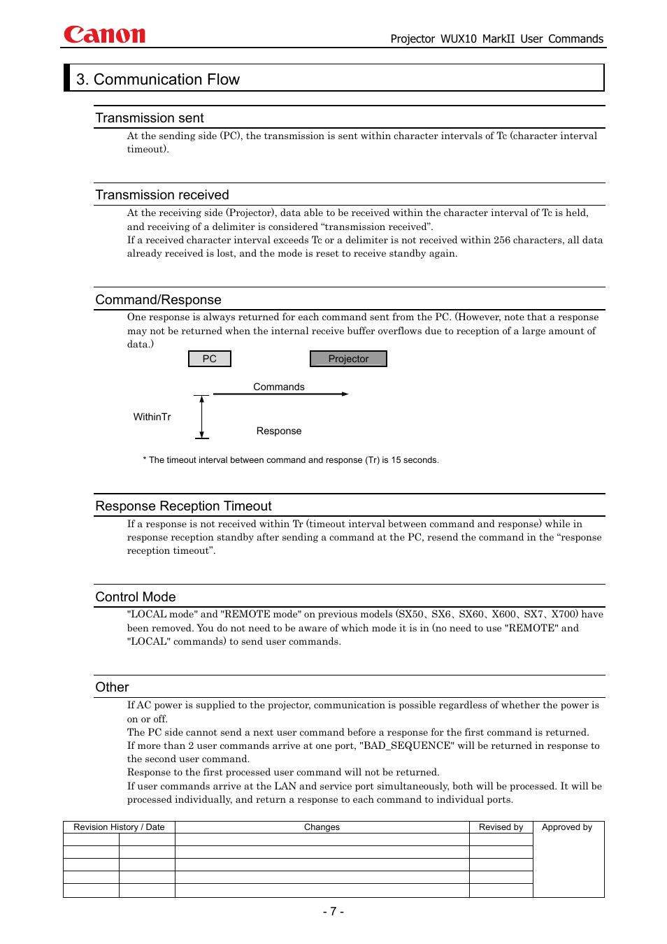 Communication flow, Transmission sent, Transmission received | Command/response, Response reception timeout, Control mode, Other | Canon MARKLL WUX10 User Manual | Page 11 / 91