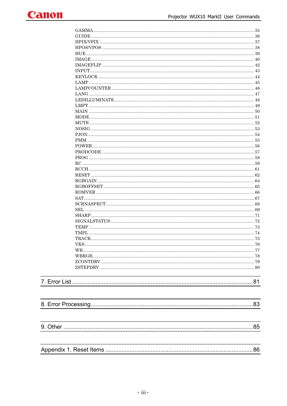 Error list, Error processing, Other | Appendix 1. reset items | Canon MARKLL WUX10 User Manual | Page 4 / 91