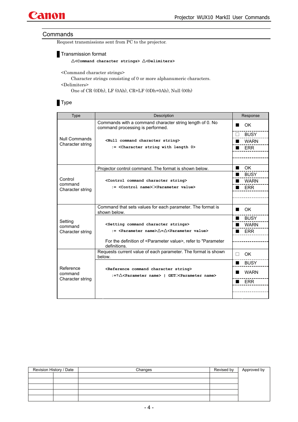 Commands | Canon MARKLL WUX10 User Manual | Page 8 / 91