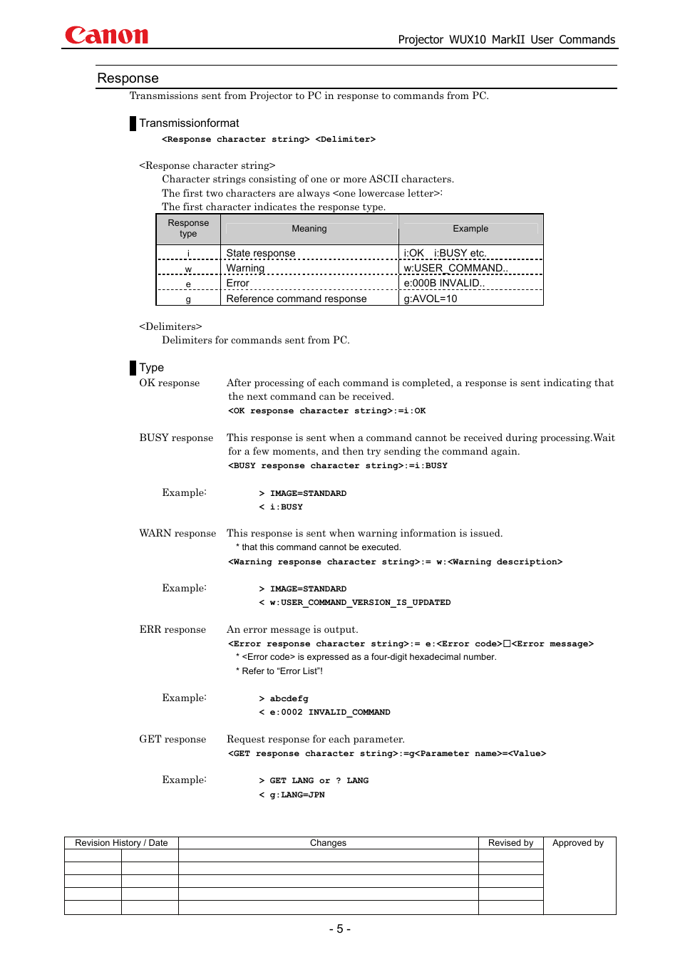 Response | Canon MARKLL WUX10 User Manual | Page 9 / 91