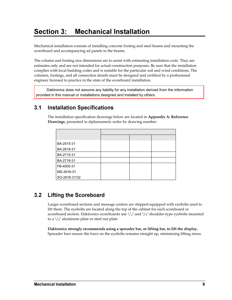 Mechanical installation, Installation specifications, Lifting the scoreboard | Section 3 | Daktronics BA-2515-31 DistaView Outdoor LED Scoreboard User Manual | Page 13 / 64