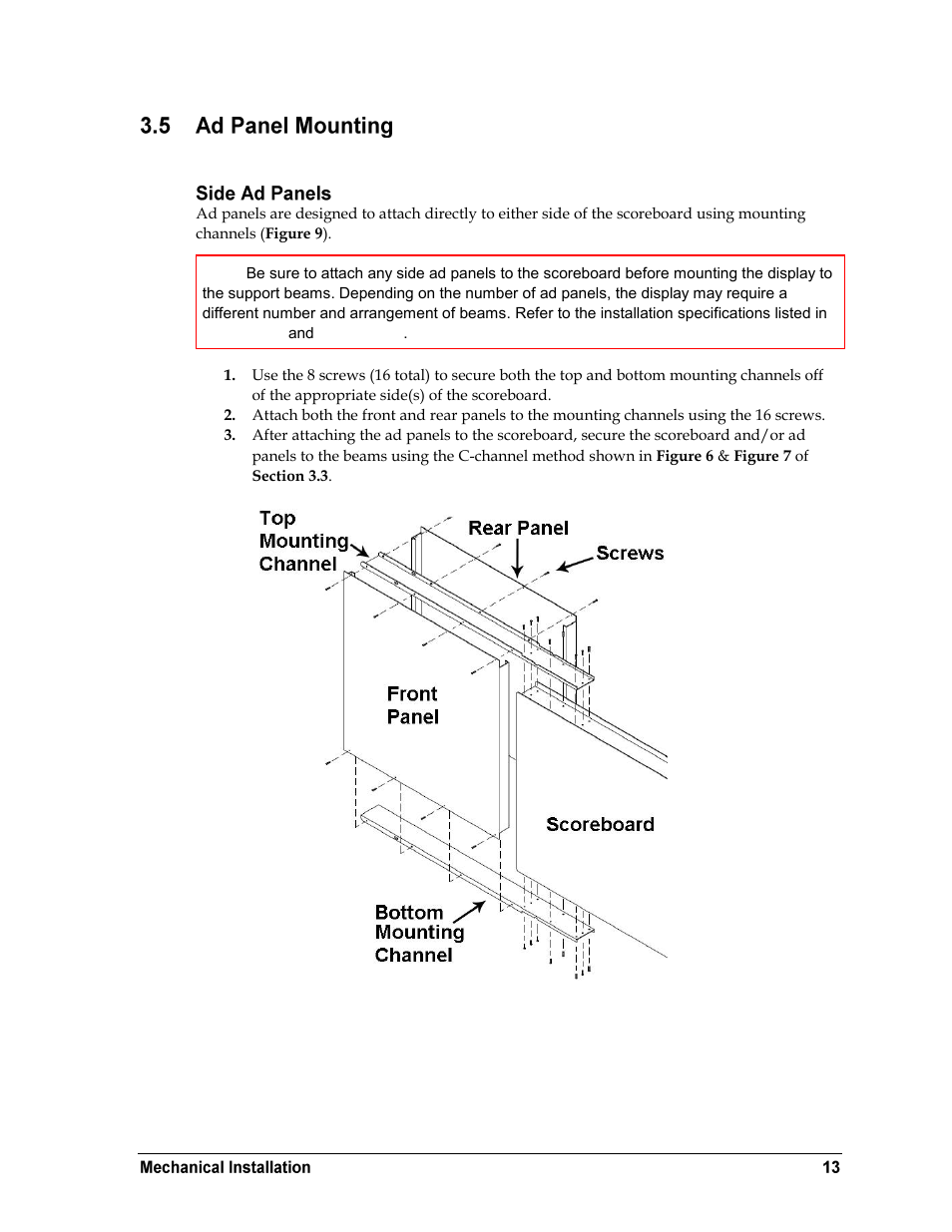 Ad panel mounting, Side ad panels | Daktronics BA-2515-31 DistaView Outdoor LED Scoreboard User Manual | Page 17 / 64
