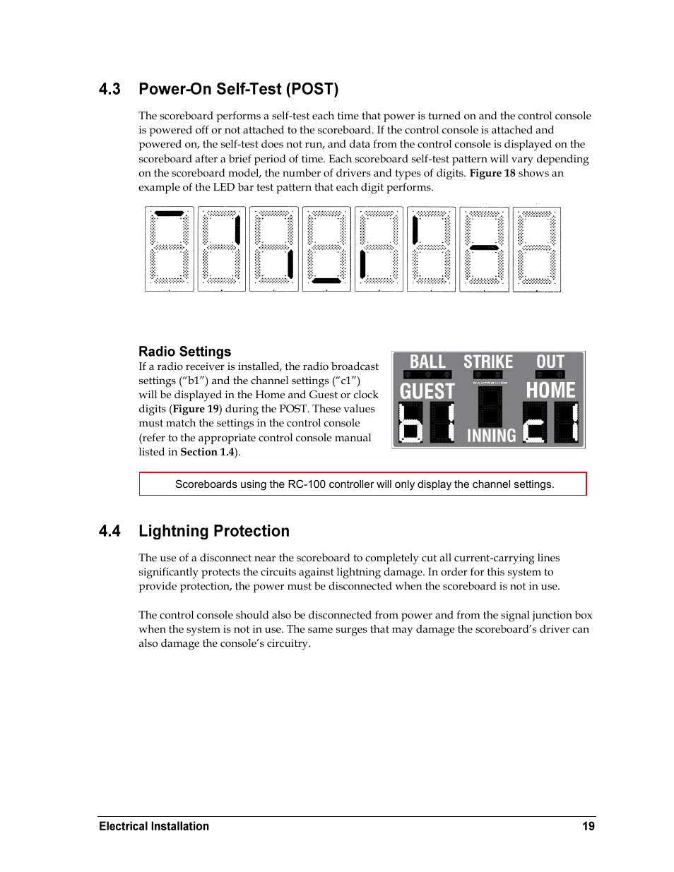 Power-on self-test (post), Radio settings, Lightning protection | Daktronics BA-2515-31 DistaView Outdoor LED Scoreboard User Manual | Page 23 / 64