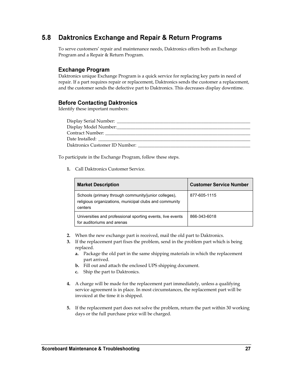 Daktronics exchange and repair & return programs, Exchange program, Before contacting daktronics | Daktronics BA-2515-31 DistaView Outdoor LED Scoreboard User Manual | Page 31 / 64