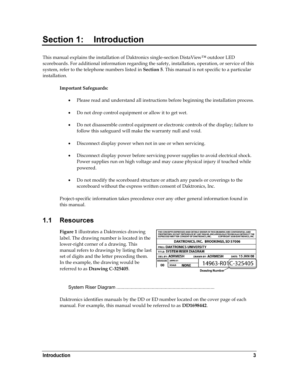 Introduction, Resources, Section 1 | Daktronics BA-2515-31 DistaView Outdoor LED Scoreboard User Manual | Page 7 / 64