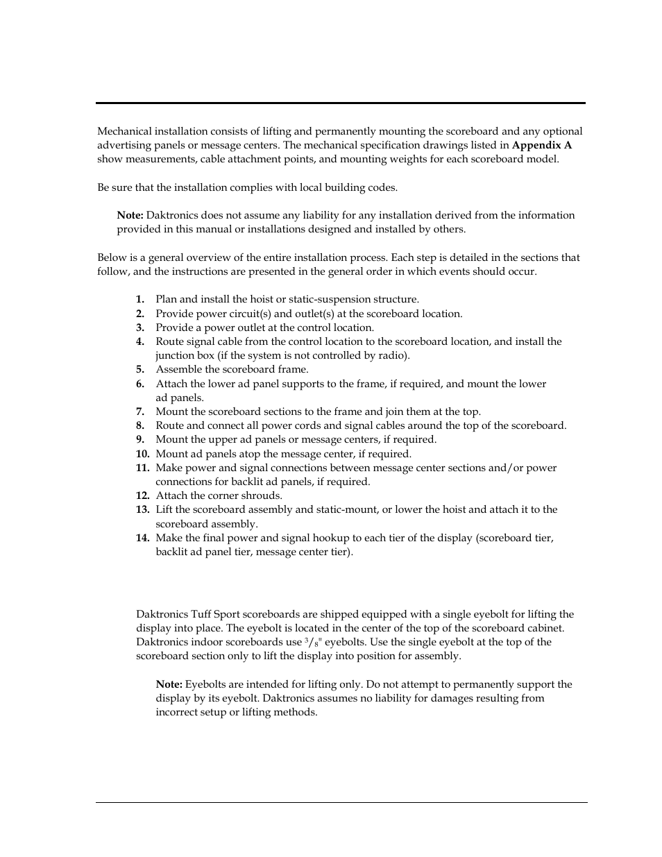 Section 3: mechanical installation, 1 lifting the scoreboard, Section 3 | Mechanical installation, Lifting the scoreboard | Daktronics BB-2102 Tuff Sport Four-Sided Basketball LED Scoreboard User Manual | Page 13 / 112