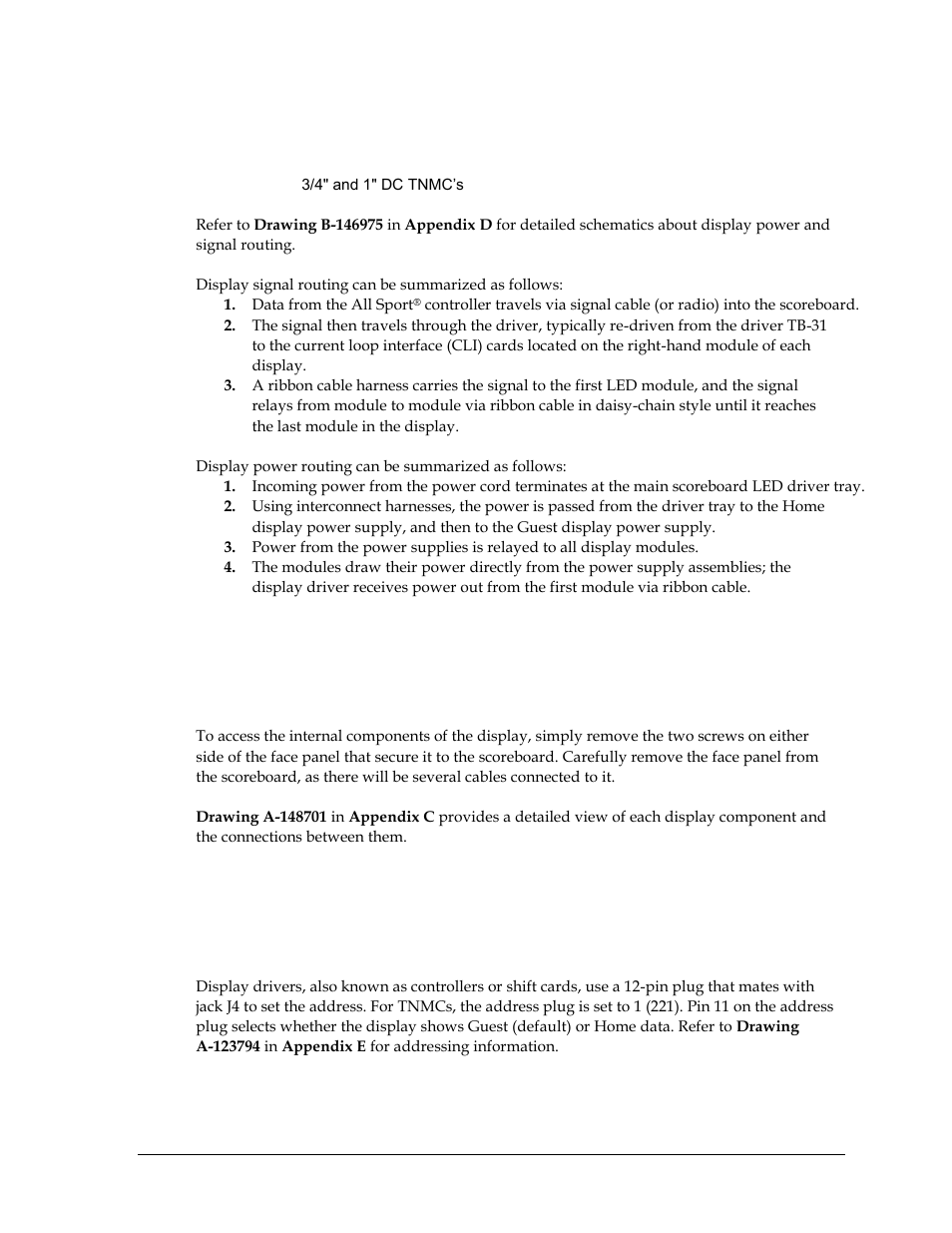 4 power & signal summary, 5 component locations & access, 6 display drivers | Power & signal summary, Component locations & access, Display drivers | Daktronics BB-2102 Tuff Sport Four-Sided Basketball LED Scoreboard User Manual | Page 43 / 112