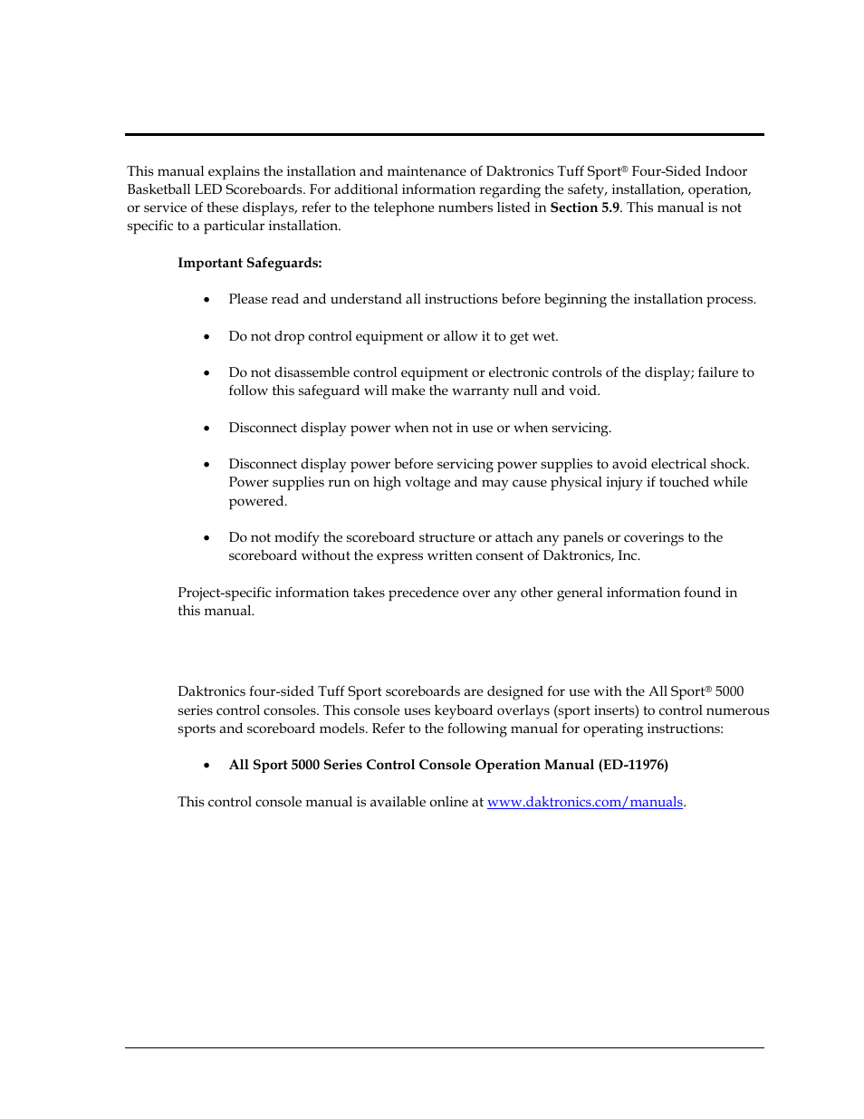 Section 1: introduction, 1 scoreboard controllers, Section 1 | Introduction, Scoreboard controllers | Daktronics BB-2102 Tuff Sport Four-Sided Basketball LED Scoreboard User Manual | Page 7 / 112