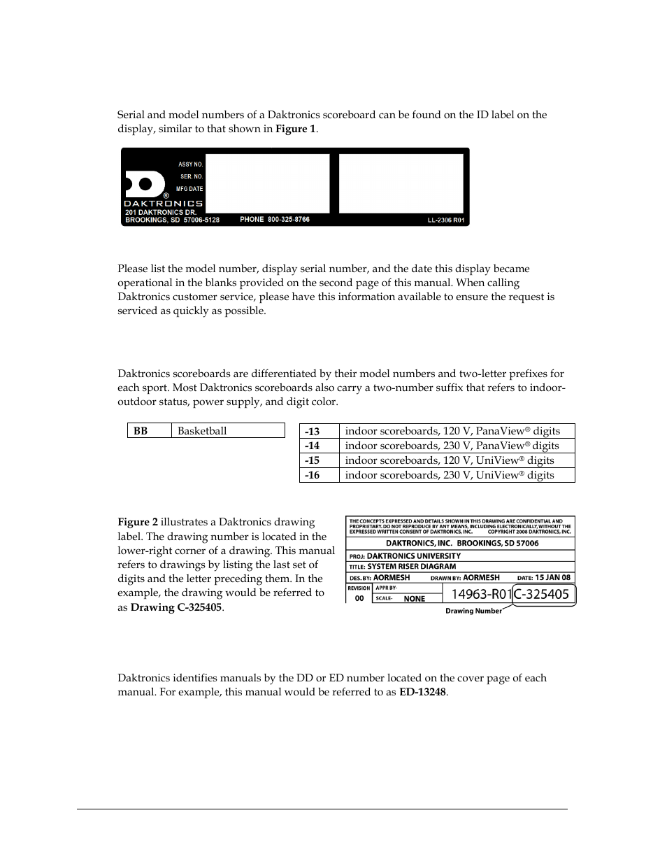 2 scoreboard label, 3 model number, 4 resources | Scoreboard label, Model number, Resources | Daktronics BB-2102 Tuff Sport Four-Sided Basketball LED Scoreboard User Manual | Page 8 / 112