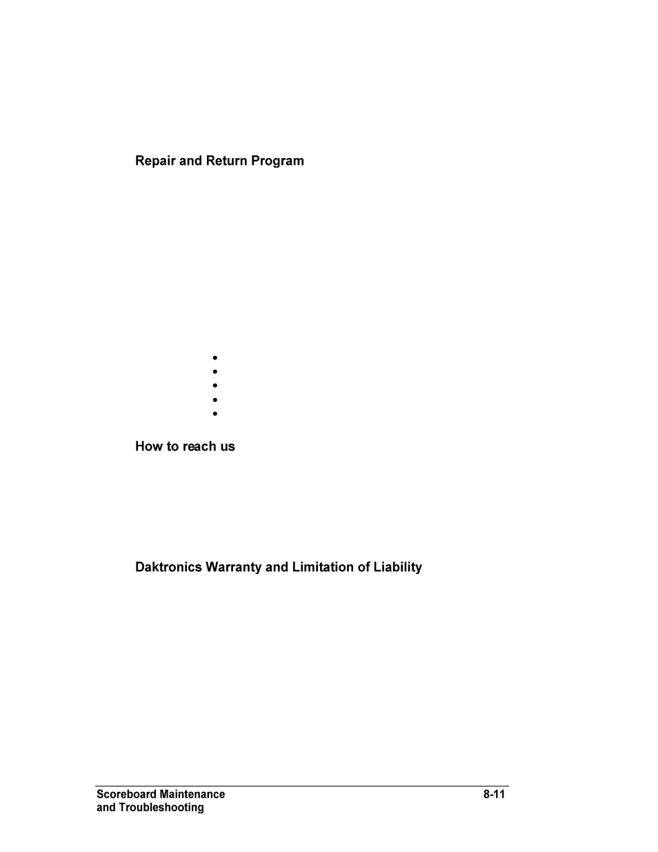 Repair and return program, How to reach us | Daktronics BA-1518 Generation IV Multi-Section Outdoor LED Scoreboard User Manual | Page 75 / 208