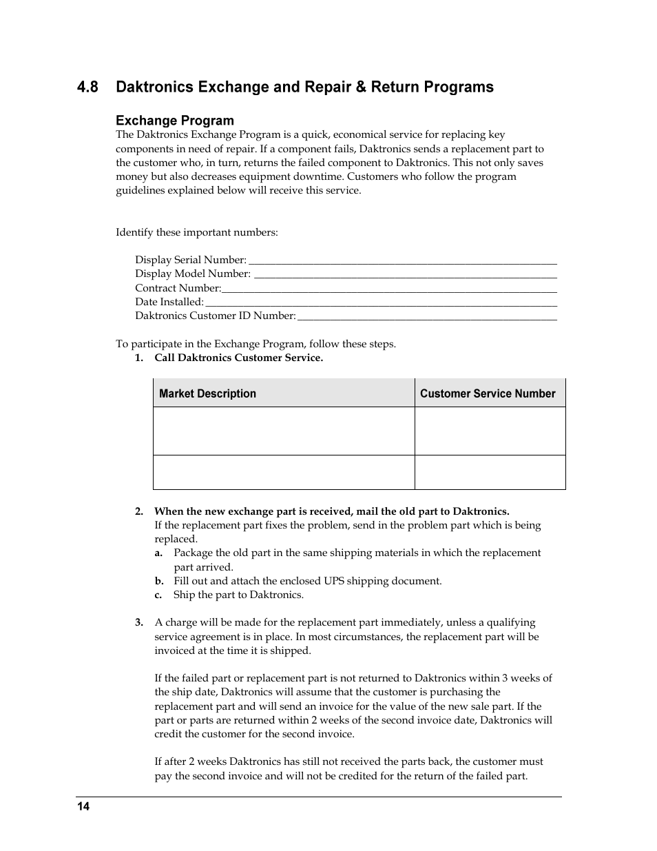 Daktronics exchange and repair & return programs, Exchange program, Before contacting daktronics | Daktronics GM-2101 LED Gymnastics Scoreboards User Manual | Page 20 / 38