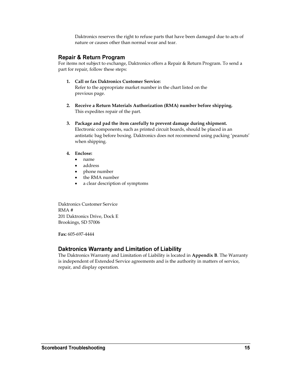 Repair & return program, Shipping address, Daktronics warranty and limitation of liability | Daktronics GM-2101 LED Gymnastics Scoreboards User Manual | Page 21 / 38