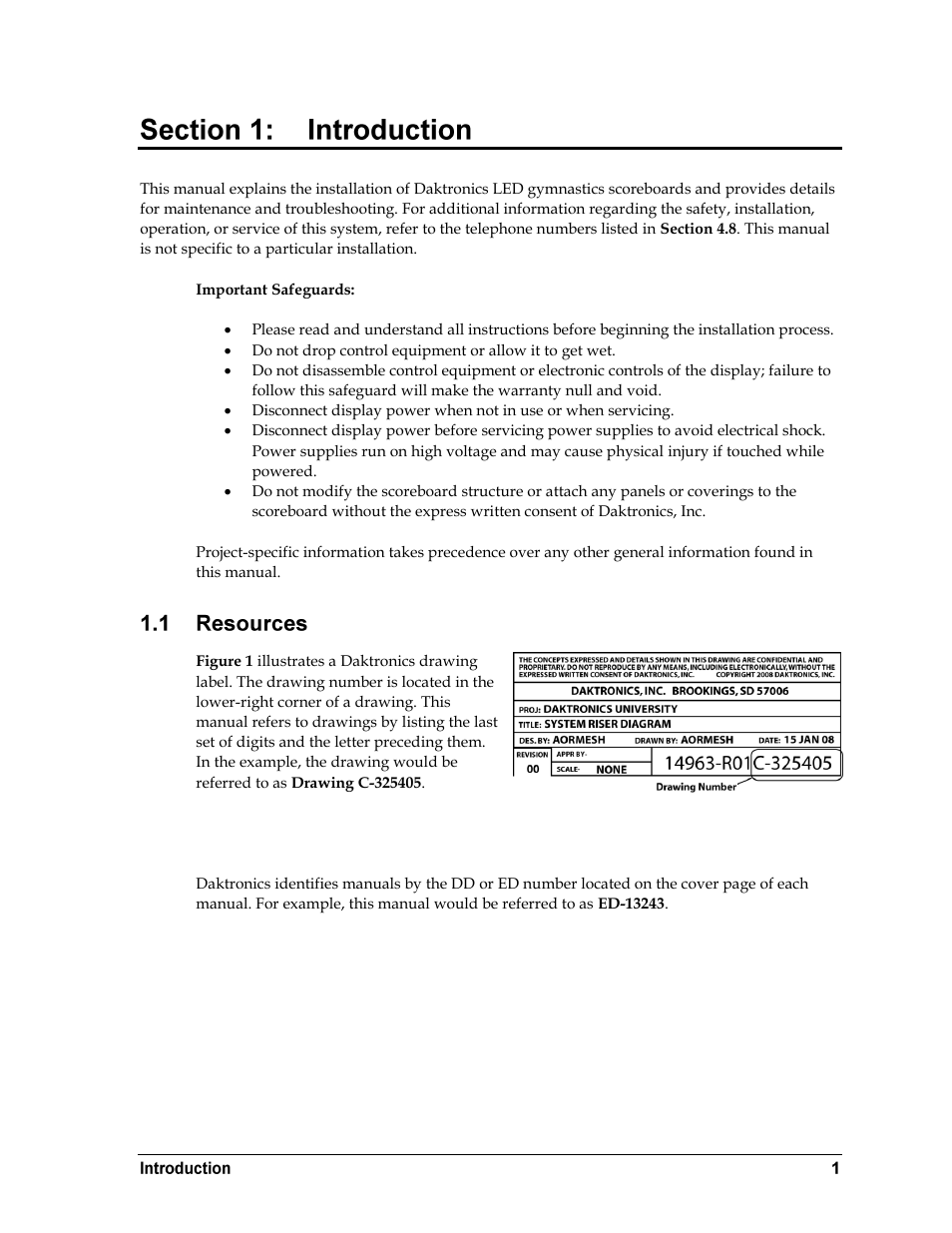 Introduction, Resources, Section 1 | Daktronics GM-2101 LED Gymnastics Scoreboards User Manual | Page 7 / 38