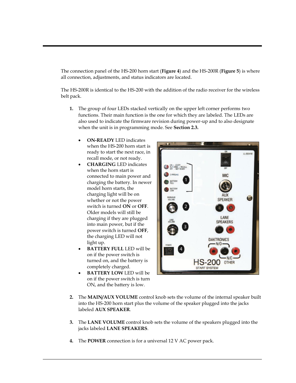 Section 2: system setup & operations, 1 hs-200 indicators, switches, knobs & connections, Section 2 | System setup & operations, Hs-200 indicators, switches, knobs & connections | Daktronics HS-200 Horn Start User Manual | Page 11 / 36