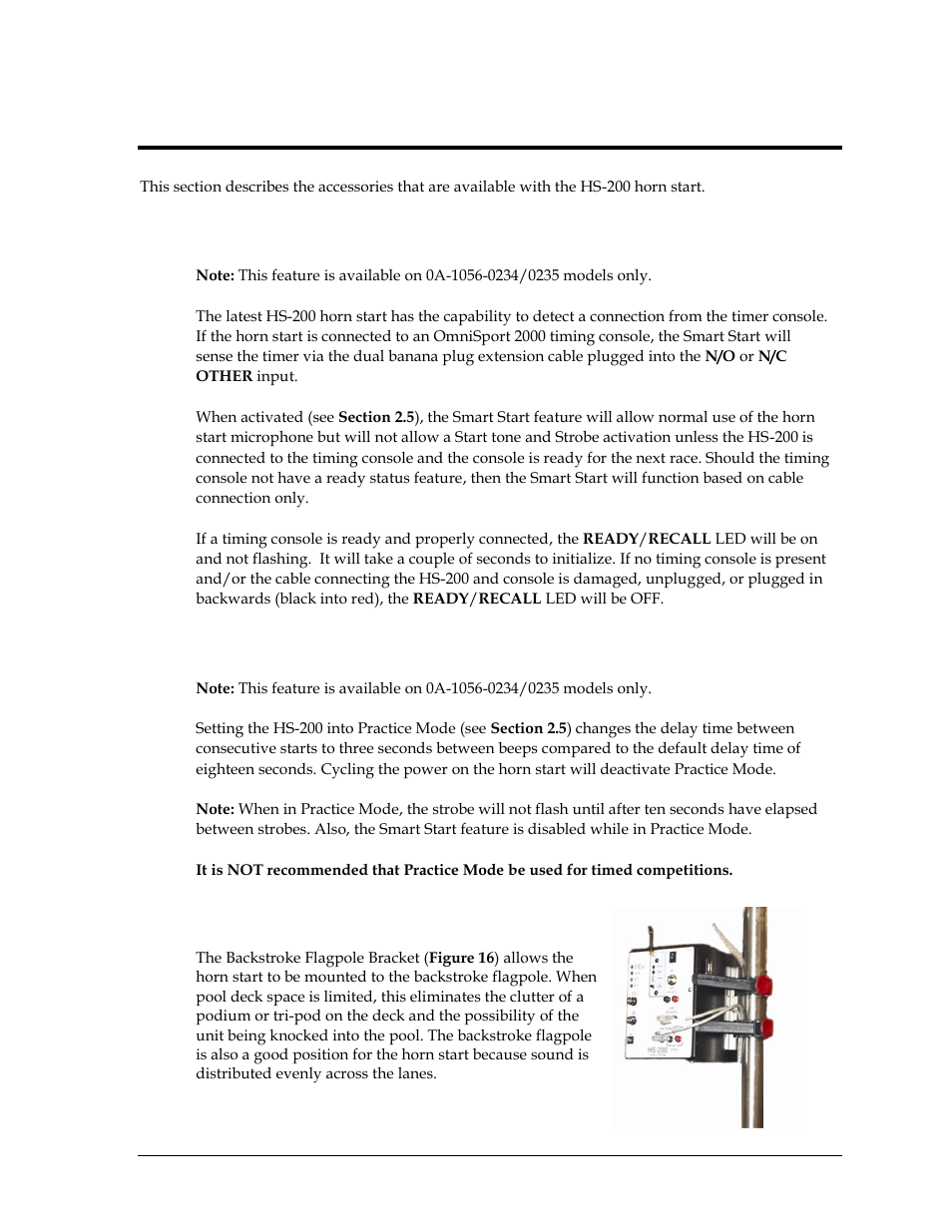 Section 3: features & accessories, 1 smart start, 2 practice mode | 3 backstroke flagpole bracket, Section 3, Features & accessories, Smart start, Practice mode, Backstroke flagpole bracket | Daktronics HS-200 Horn Start User Manual | Page 19 / 36