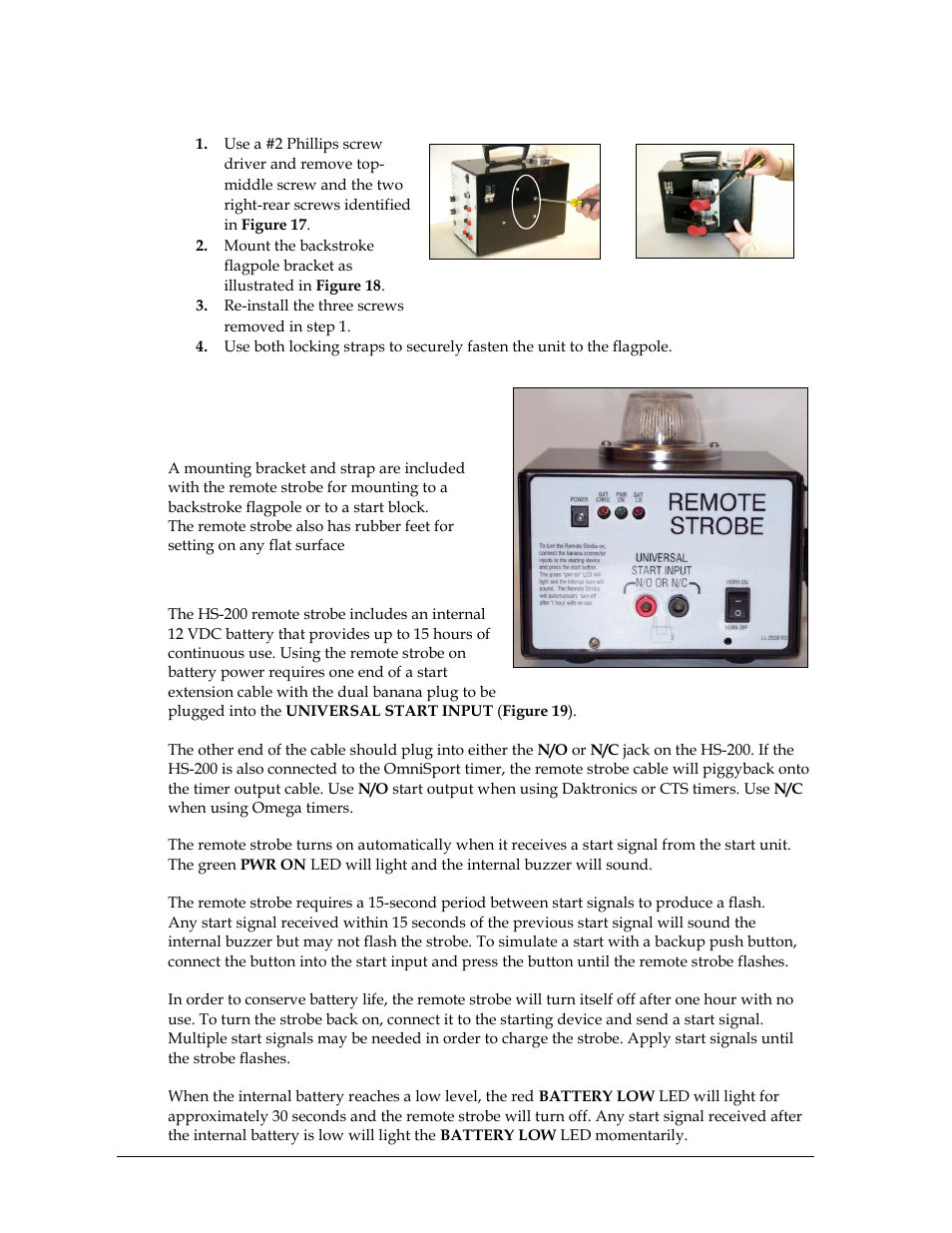 Attaching the horn start to flagpole, 4 remote strobe, Mounting bracket & strap | Battery operation, Remote strobe | Daktronics HS-200 Horn Start User Manual | Page 20 / 36