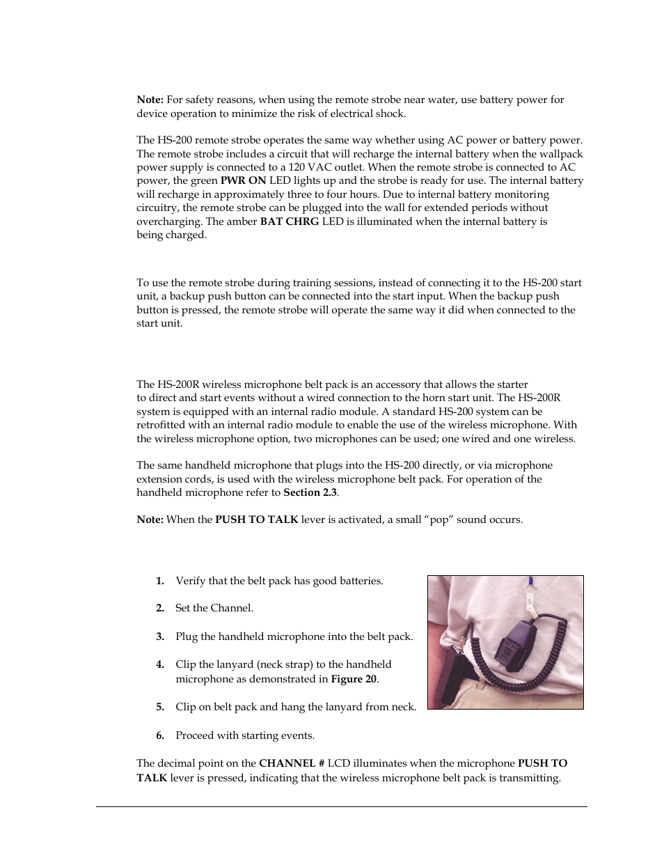 Ac power operation & recharging, Remote strobe for training purposes, 5 wireless microphone belt pack | Using the wireless microphone option, Wireless microphone belt pack | Daktronics HS-200 Horn Start User Manual | Page 21 / 36