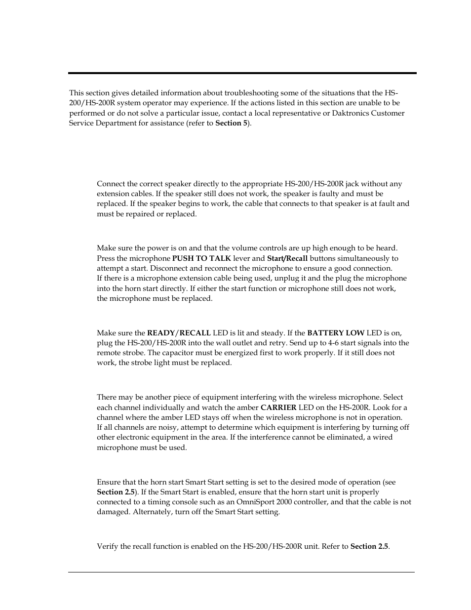 Section 4: troubleshooting, 1 troubleshooting tips, Aux or lane speaker is not working | The microphone is not working, The strobe light does not work, Noise bursts when using the wireless microphone, The recall tone does not sound, Section 4, Troubleshooting, Troubleshooting tips | Daktronics HS-200 Horn Start User Manual | Page 23 / 36
