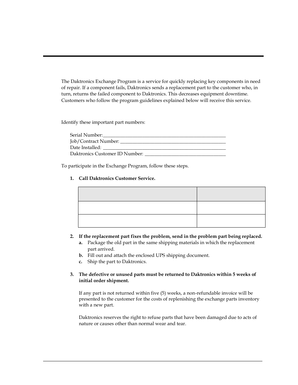 1 exchange program, Before contacting daktronics, Section 5 | Daktronics exchange and repair & return programs, Exchange program | Daktronics HS-200 Horn Start User Manual | Page 27 / 36