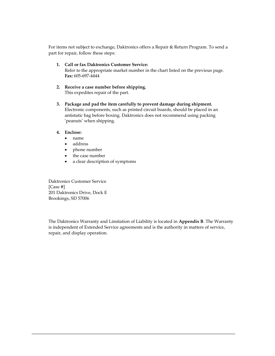 2 repair & return program, Shipping address, 3 daktronics warranty and limitation of liability | Repair & return program, Daktronics warranty and limitation of liability | Daktronics HS-200 Horn Start User Manual | Page 28 / 36