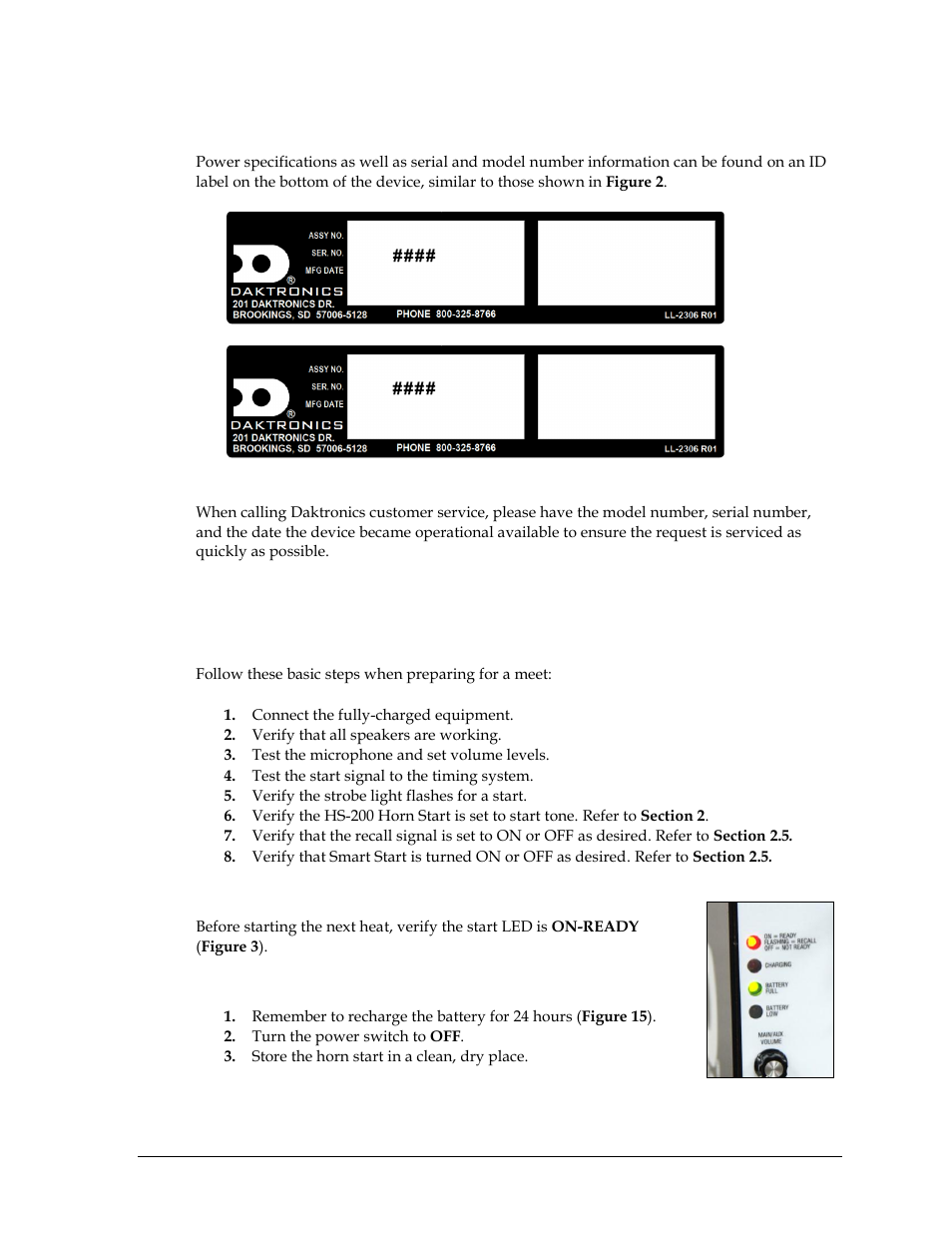 5 specification label, 6 using the horn start, Before each session | During competition, After the competition, Specification label, Using the horn start | Daktronics HS-200 Horn Start User Manual | Page 9 / 36