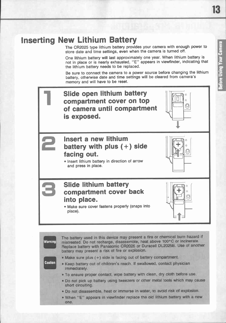 Inserting new lithium battery | Canon E 77 User Manual | Page 15 / 65