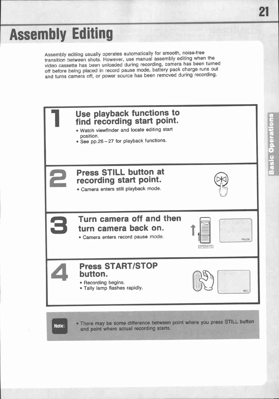 Assembly editing, Press still button at recording start point, Turn camera off and then turn camera back on | Press start/stop button | Canon E 77 User Manual | Page 23 / 65