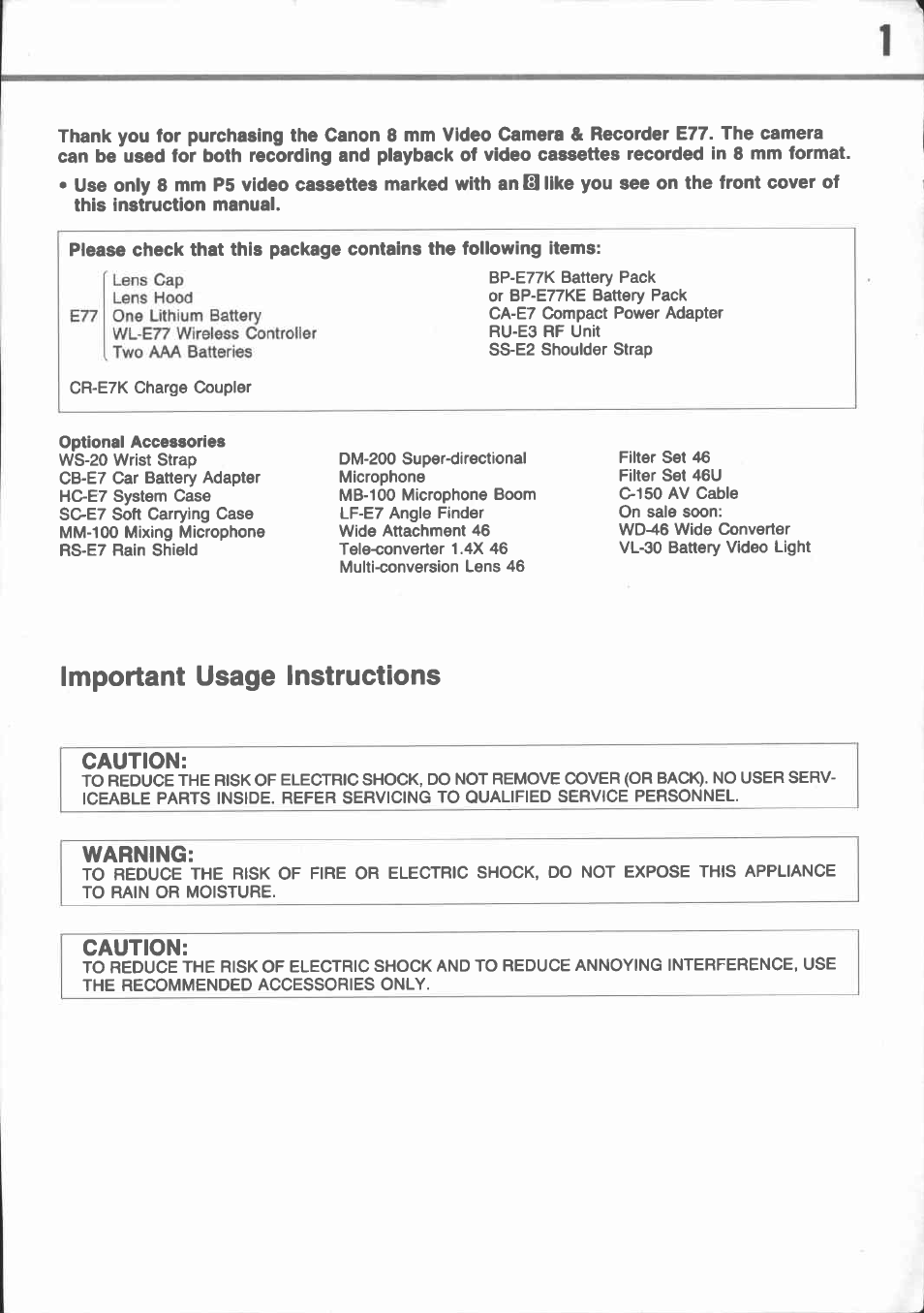 Important usage instructions | Canon E 77 User Manual | Page 3 / 65