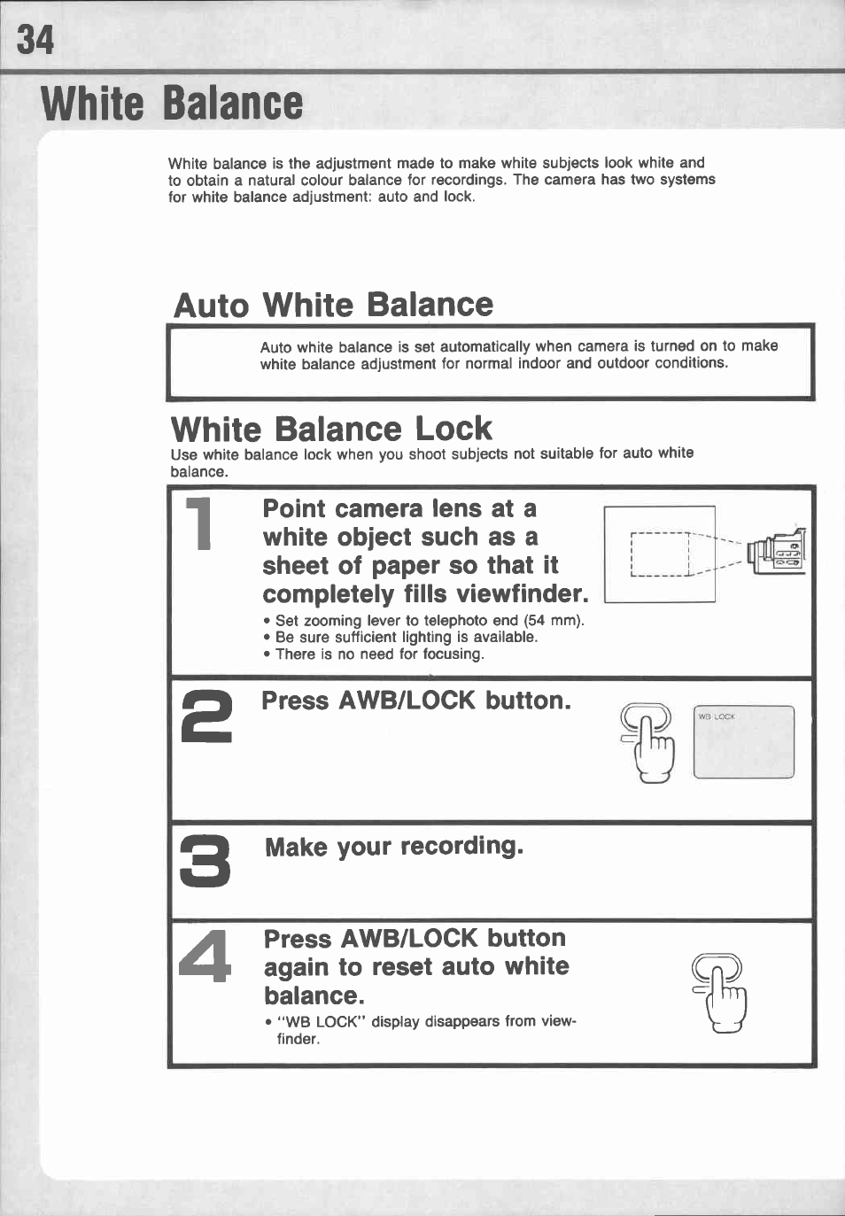 White balance, Auto white balance, White balance lock | Canon E 77 User Manual | Page 36 / 65