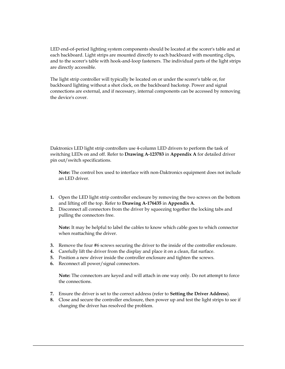 2 component location & access, 3 led drivers, Replacing a driver | Component location & access, Led drivers | Daktronics LED End-of-Period Basketball Lighting User Manual | Page 14 / 34