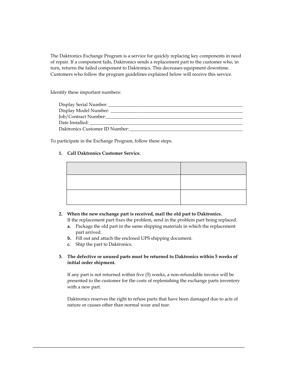 7 daktronics exchange and repair & return programs, Exchange program, Before contacting daktronics | Daktronics exchange and repair & return programs | Daktronics LED End-of-Period Basketball Lighting User Manual | Page 16 / 34