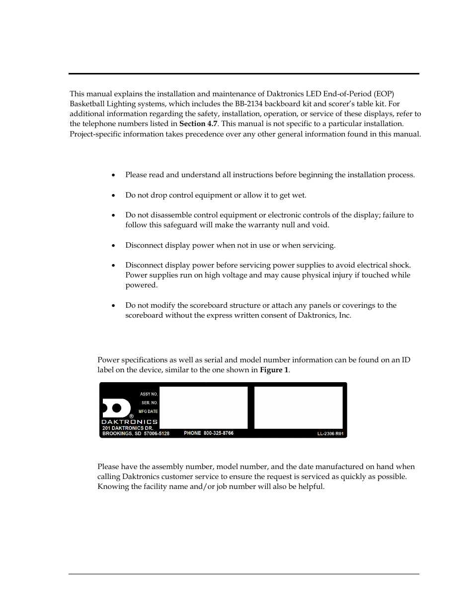 Section 1: introduction, 1 specifications label, Section 1 | Introduction, Specifications label | Daktronics LED End-of-Period Basketball Lighting User Manual | Page 7 / 34