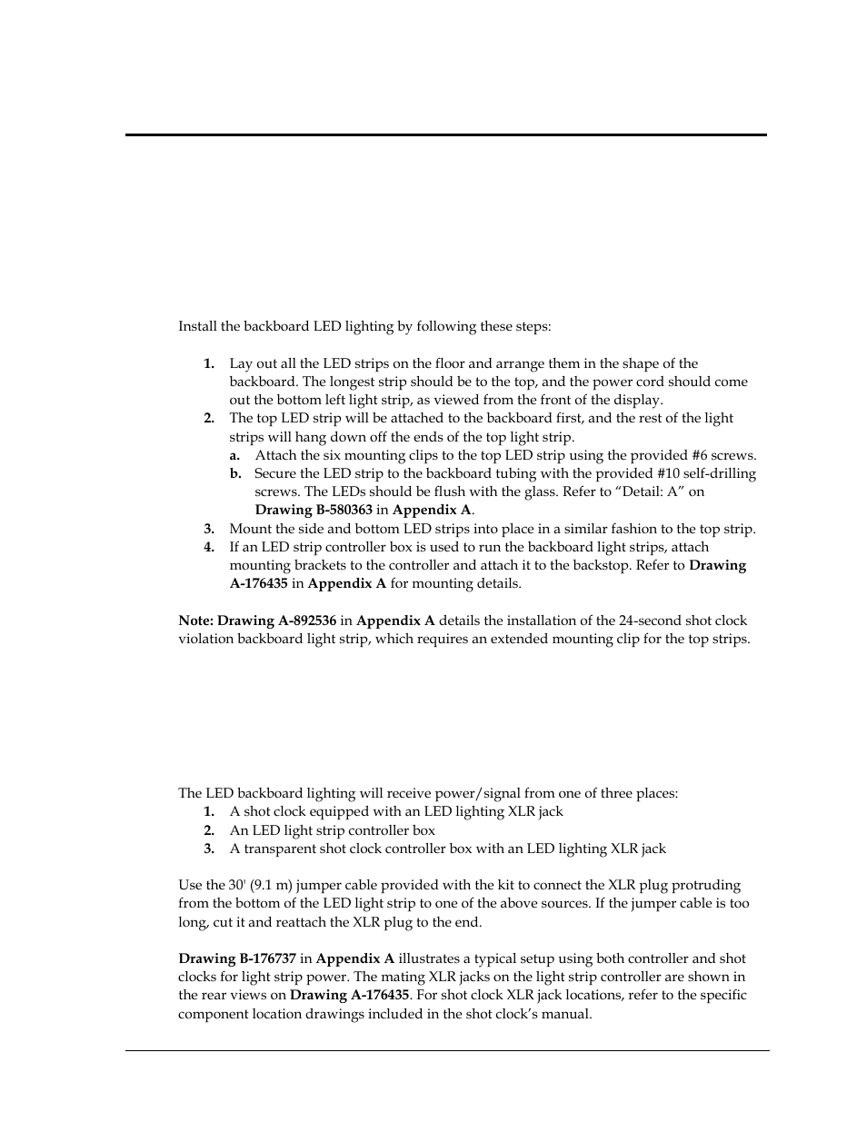 Section 2: backboard lighting kit, 1 mechanical installation, 2 electrical installation | Section 2, Backboard lighting kit, Mechanical installation, Electrical installation | Daktronics LED End-of-Period Basketball Lighting User Manual | Page 9 / 34