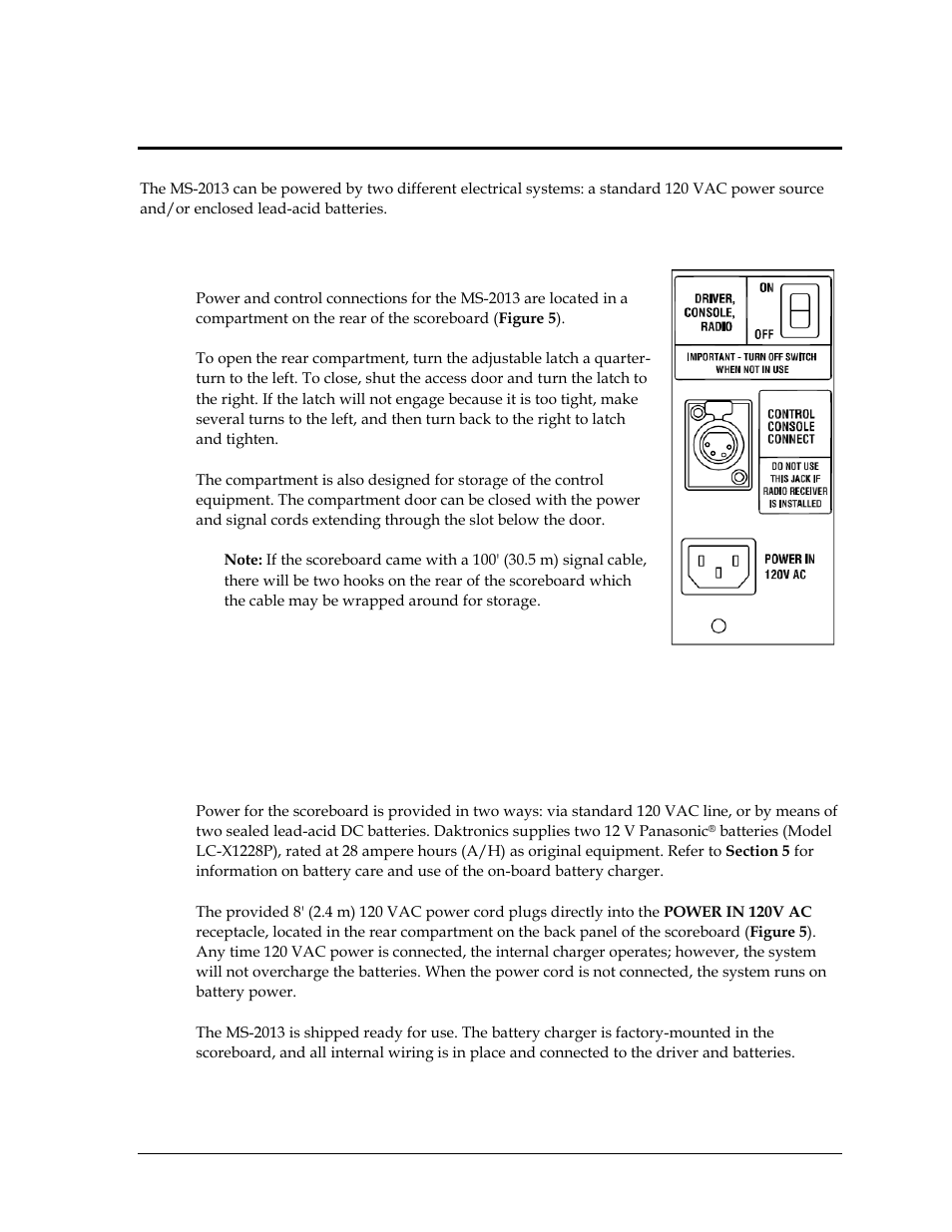 Section 4: electrical operation, 1 power & signal access, 2 power | Section 4, Electrical operation, Power & signal access, Power | Daktronics MS-2013 Portable LED Scoreboard User Manual | Page 13 / 52