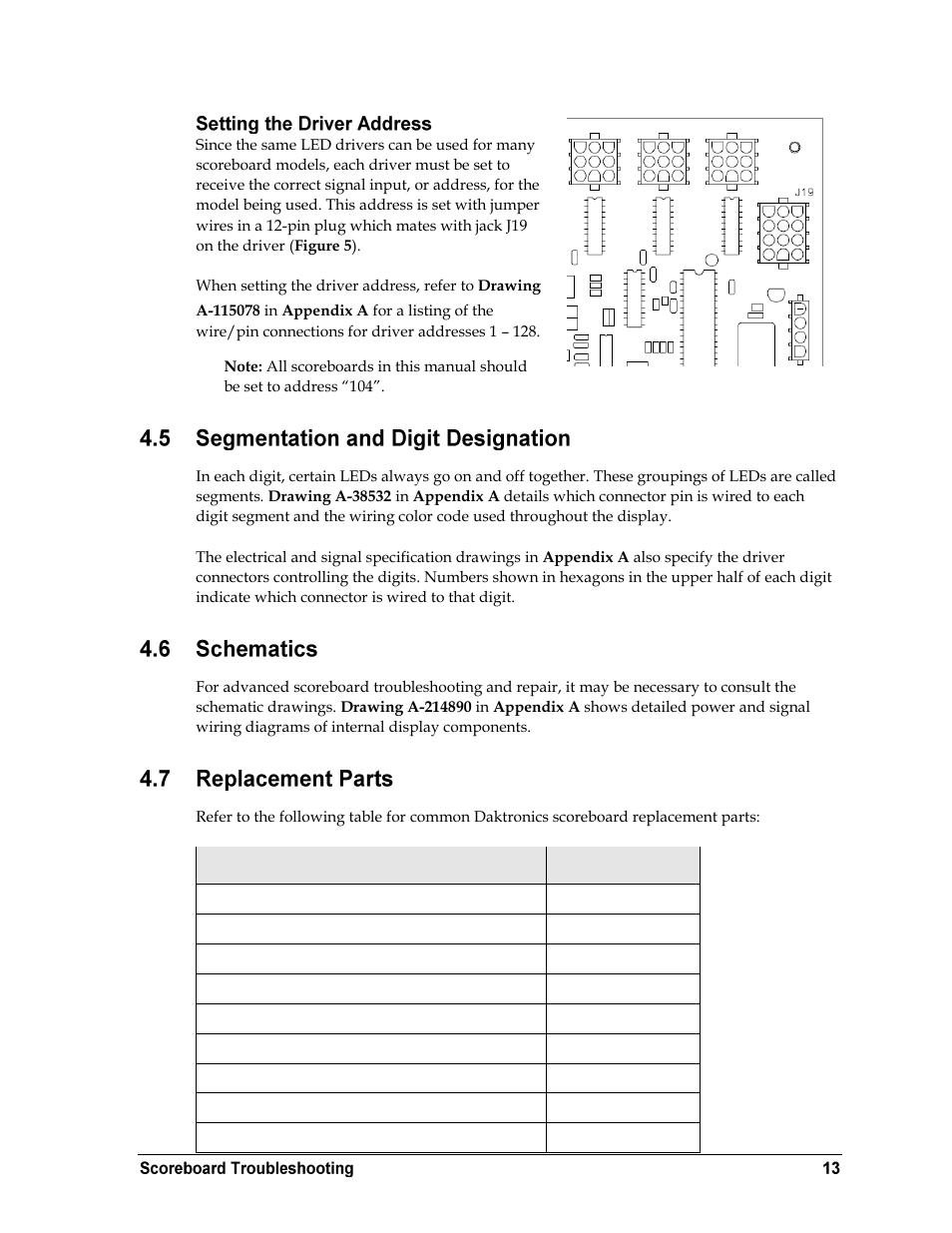 Setting the driver address, Segmentation and digit designation, Schematics | Replacement parts | Daktronics WR-2101 Matside Jr. LED Wrestling Scoreboard User Manual | Page 19 / 44