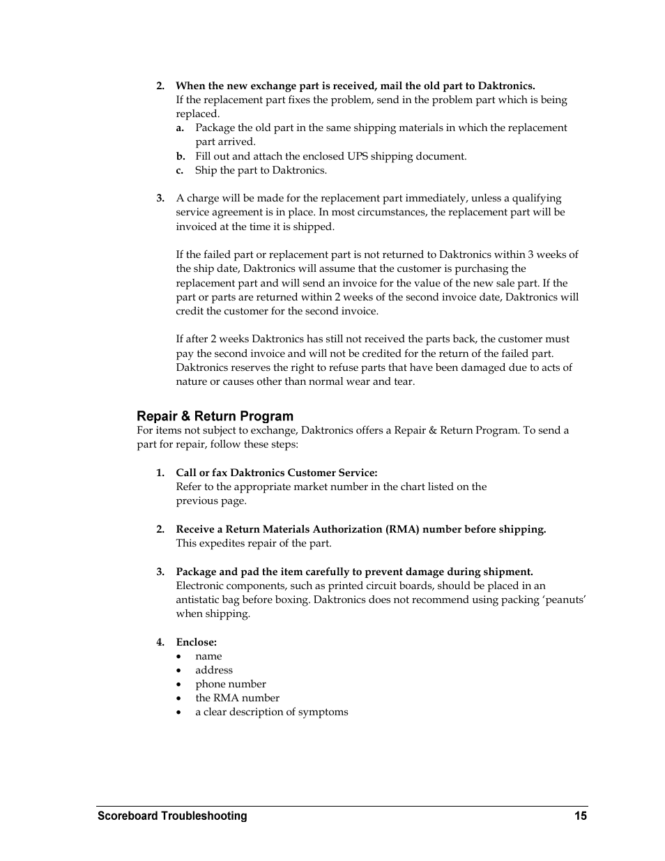 Repair & return program | Daktronics WR-2101 Matside Jr. LED Wrestling Scoreboard User Manual | Page 21 / 44