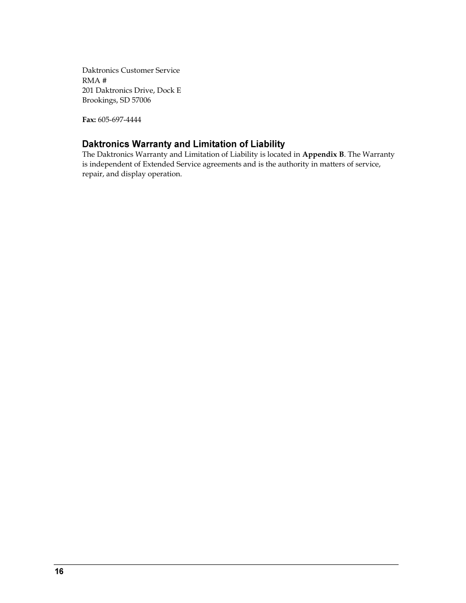 Shipping address, Daktronics warranty and limitation of liability | Daktronics WR-2101 Matside Jr. LED Wrestling Scoreboard User Manual | Page 22 / 44