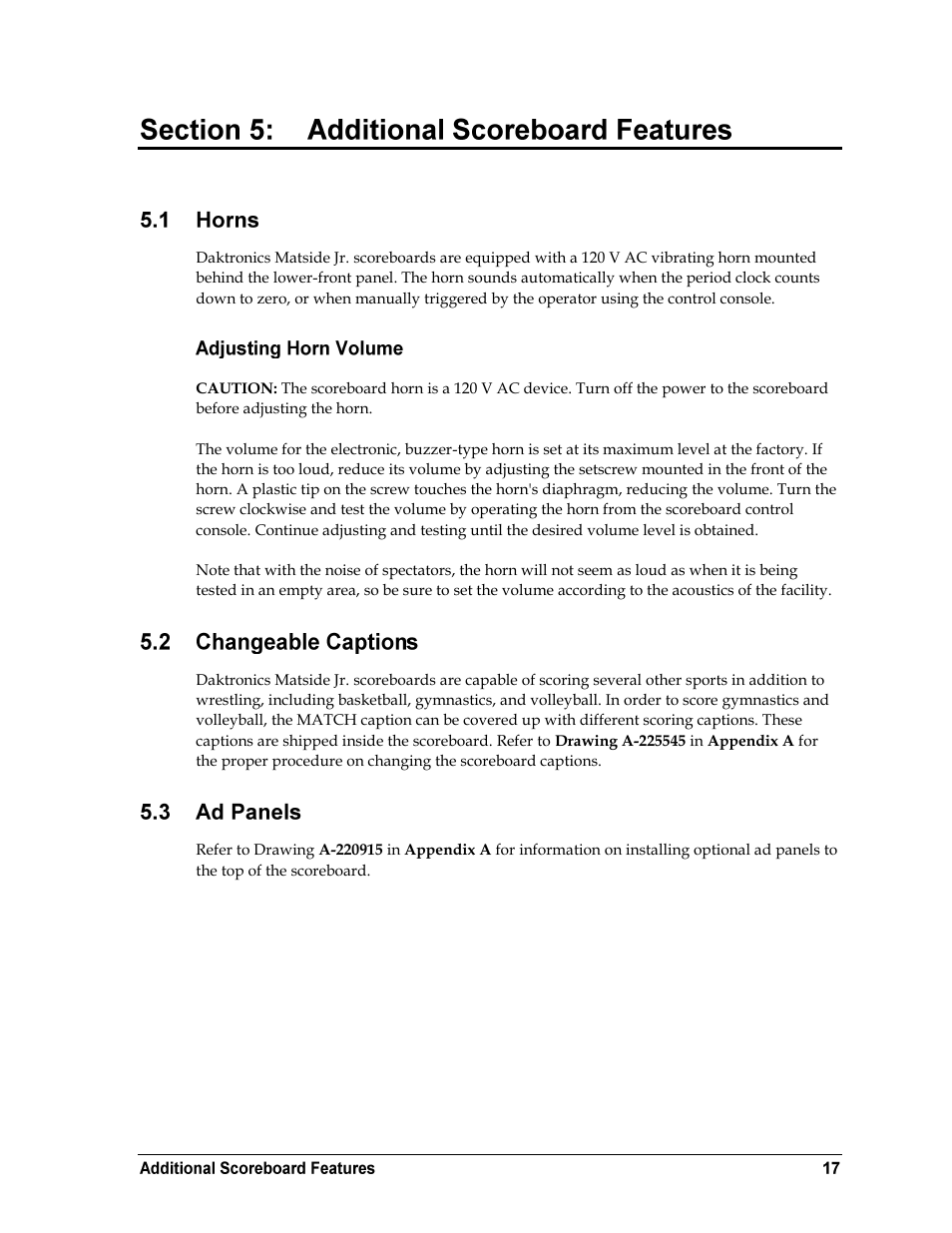 Additional scoreboard features, Horns, Adjusting horn volume | Changeable captions, Ad panels, Section 5 | Daktronics WR-2101 Matside Jr. LED Wrestling Scoreboard User Manual | Page 23 / 44