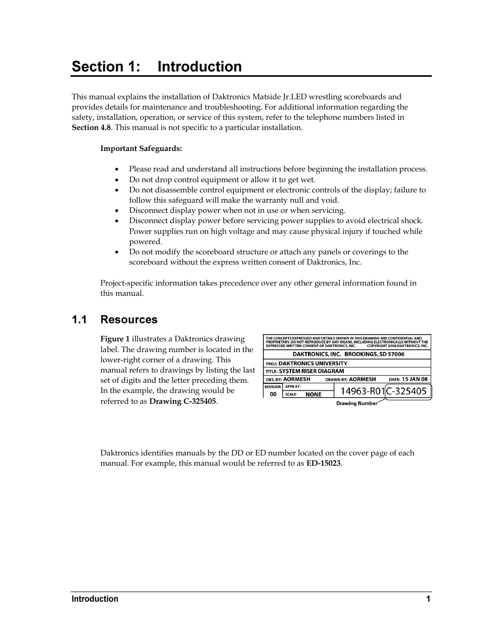 Introduction, Resources, Section 1 | Daktronics WR-2101 Matside Jr. LED Wrestling Scoreboard User Manual | Page 7 / 44