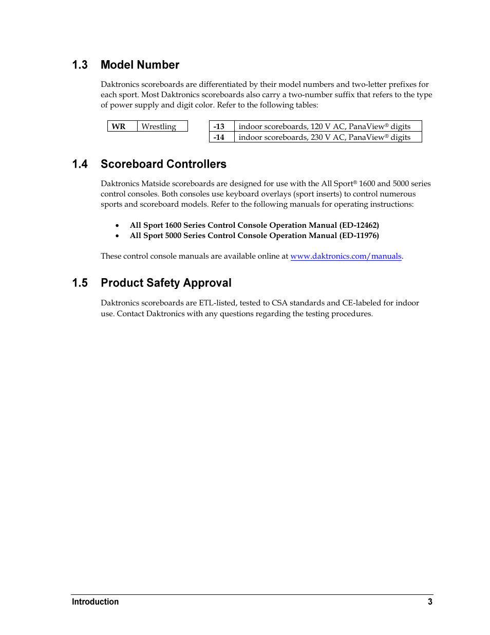Model number, Scoreboard controllers, Product safety approval | Daktronics WR-2101 Matside Jr. LED Wrestling Scoreboard User Manual | Page 9 / 44