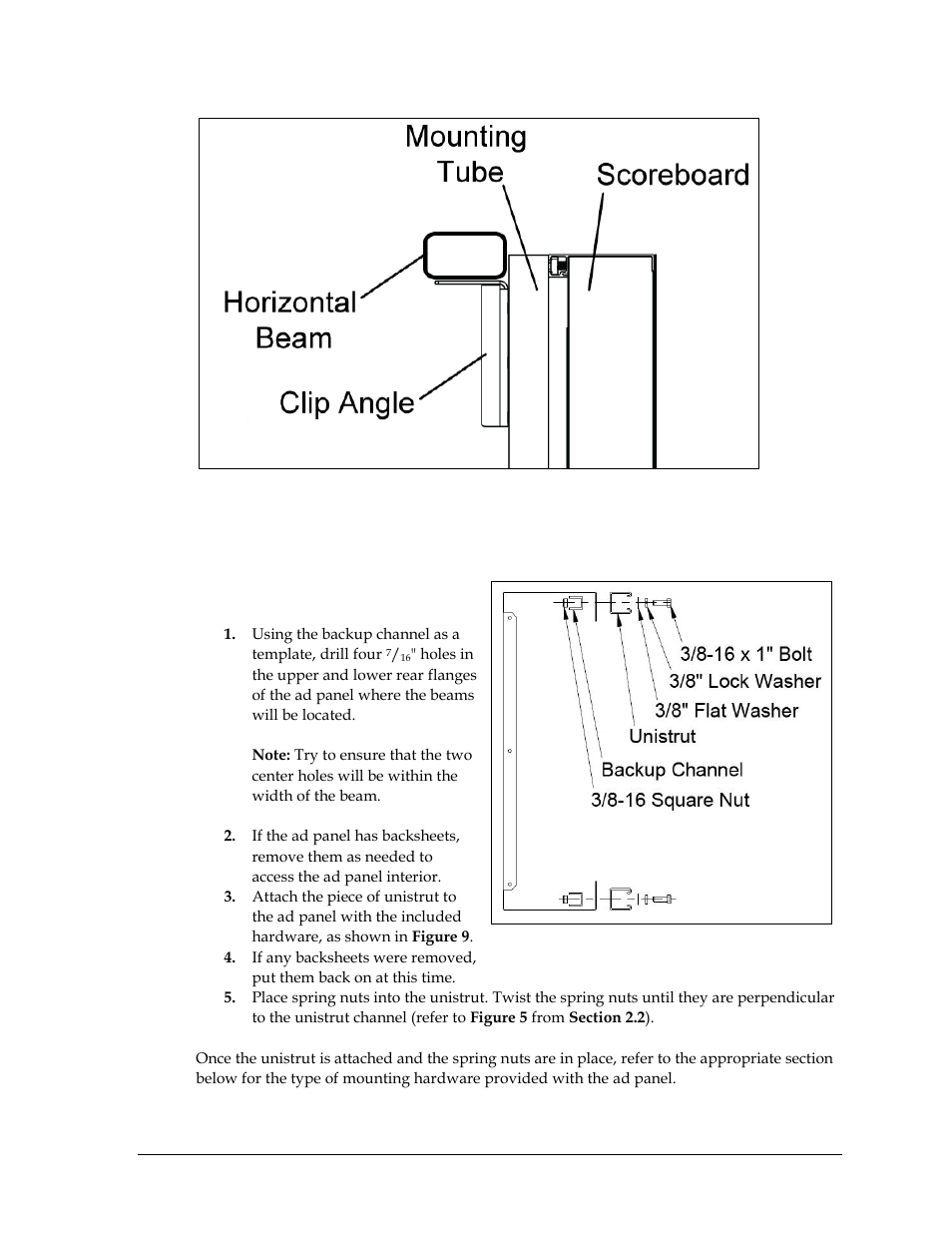 3 ad panel mounting, Unistrut attachment, Ad panel mounting | Daktronics FB-2500 Modular LED Football Scoreboard User Manual | Page 13 / 52
