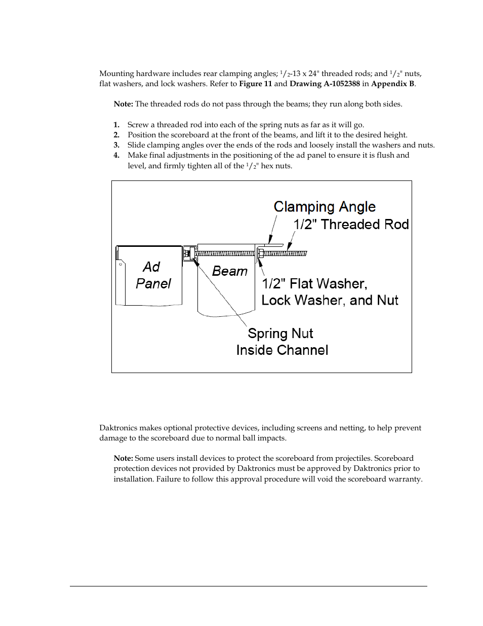 Clamping angles, 4 scoreboard protective devices, Scoreboard protective devices | Daktronics FB-2500 Modular LED Football Scoreboard User Manual | Page 15 / 52