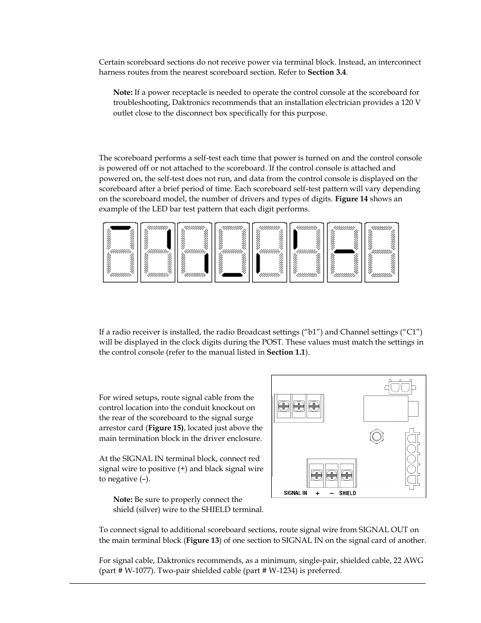 2 power-on self-test (post), Radio settings, 3 signal connection | Power-on self-test (post), Signal connection | Daktronics FB-2500 Modular LED Football Scoreboard User Manual | Page 19 / 52