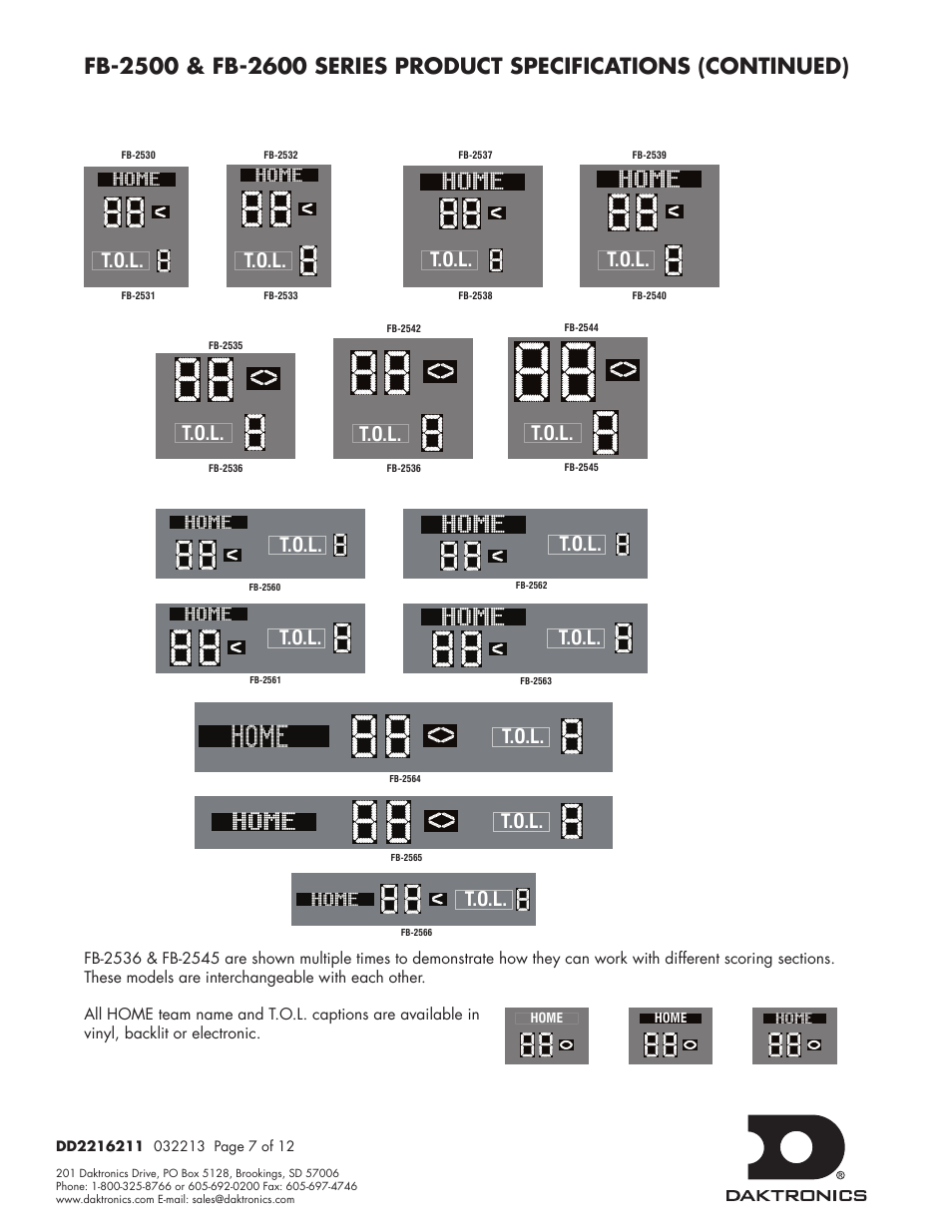 Home, Guest, T.o.l | Daktronics FB-2500 Modular LED Football Scoreboard User Manual | Page 35 / 52