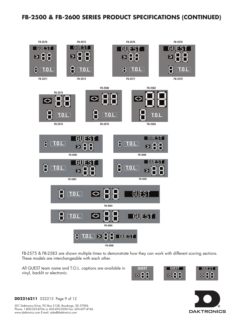 Home, Guest, T.o.l | Daktronics FB-2500 Modular LED Football Scoreboard User Manual | Page 37 / 52